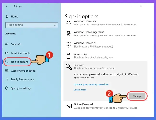 Thay đổi mật khẩu máy tính trên Win 10