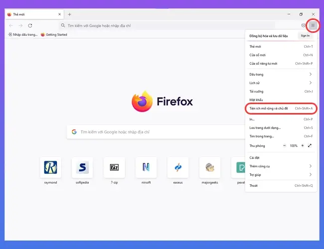 Truy cập quản lý tiện ích mở rộng trên Firefox