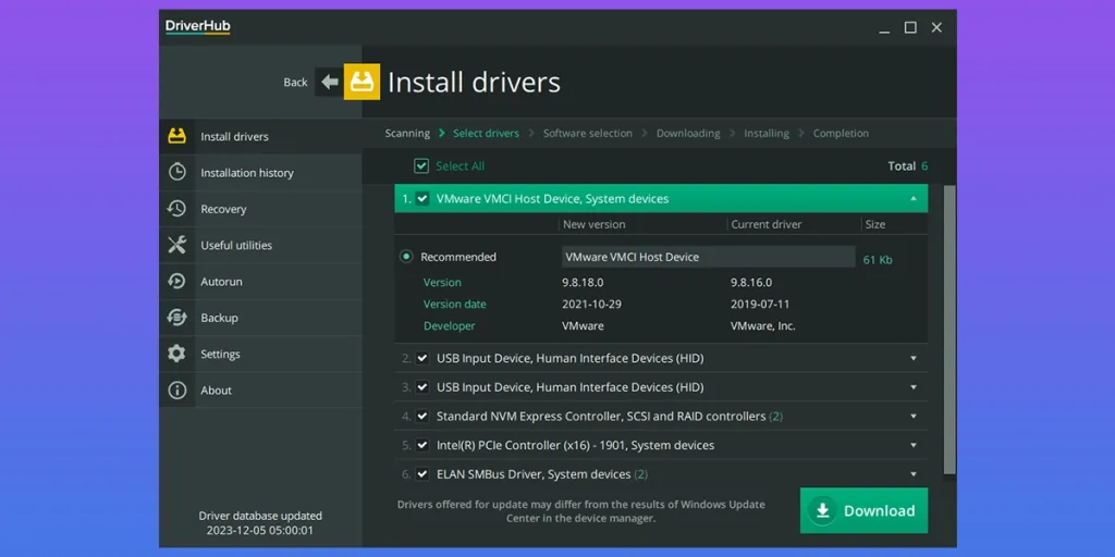 Phần mềm DriverHub hiển thị đầy đủ các thông số về driver