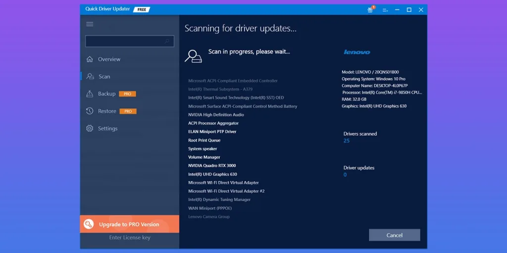 Phần mềm Quick Driver Updater thể hiện chi tiết quá trình cập nhật