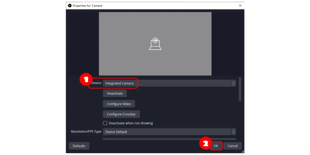 Chọn thiết bị camera của máy tính để kết nối với OBS