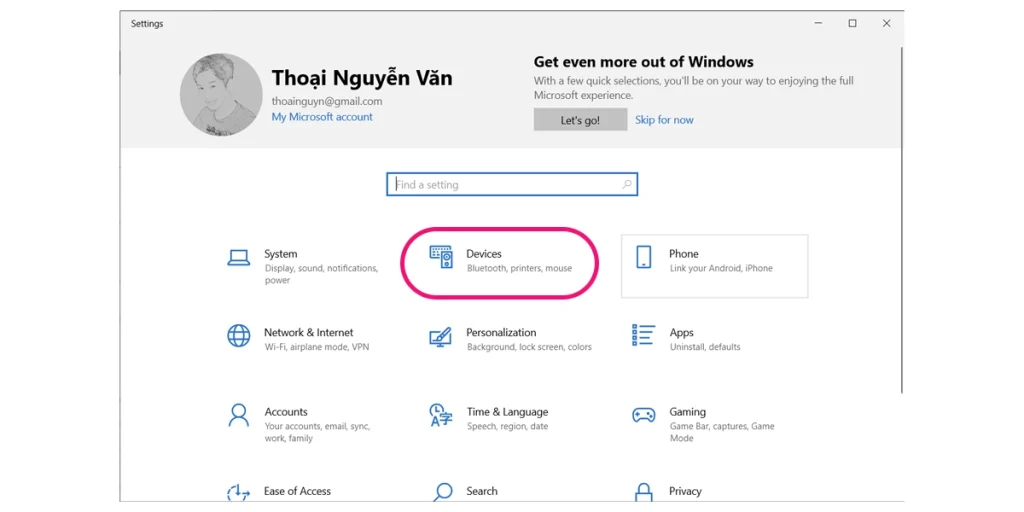 Devices settings Win 10