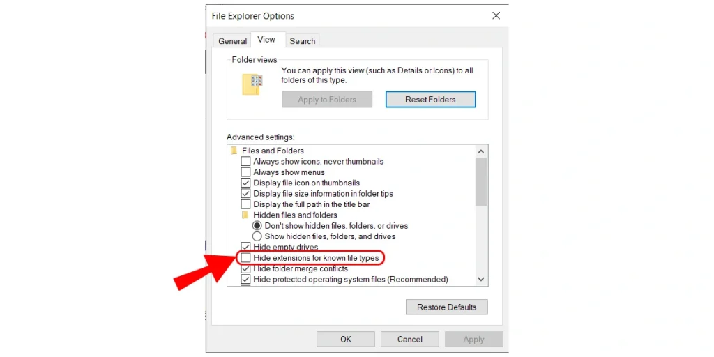 Hiển thị phần mở rộng file bằng Folder Options