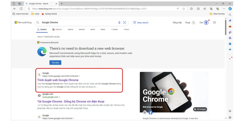 Kết quả tìm kiếm Google Chrome trên Microsoft Edge