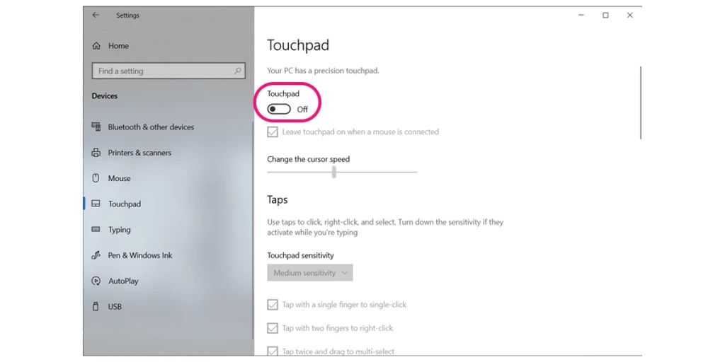 Tắt touchpad Win 10