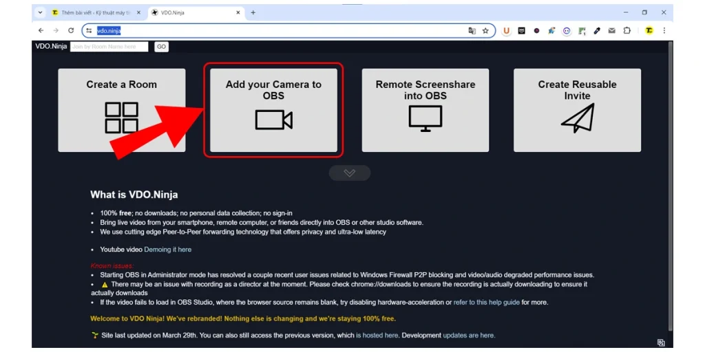 Thêm camera vào OBS bằng trang web VDO.Ninja