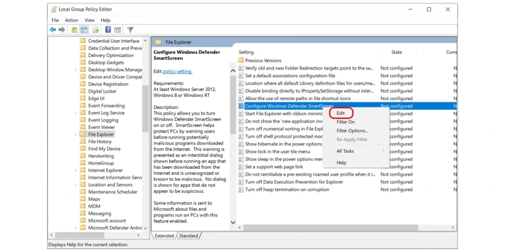 Chỉnh sửa Windows Defender SmartScreen trong Group Policy Editor