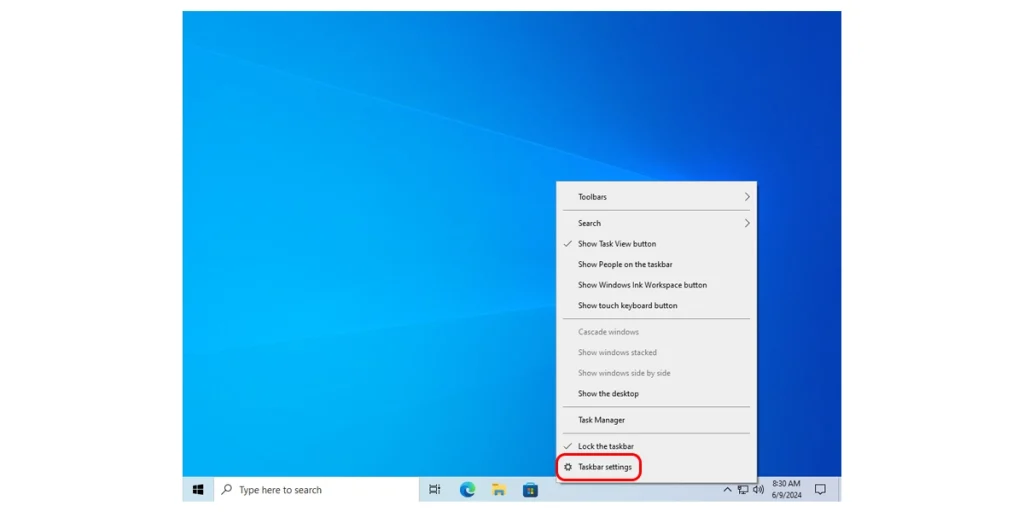 Mở Taskbar settings Win 10