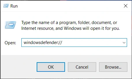 Mở Windows Defender trên Win 10 bằng hộp thoại Run