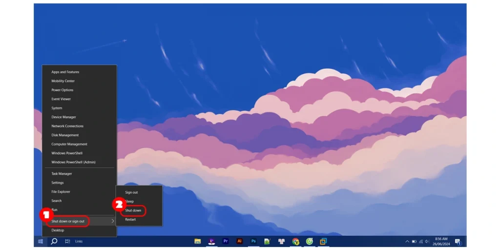 Tắt máy tính bằng menu truy cập nhanh