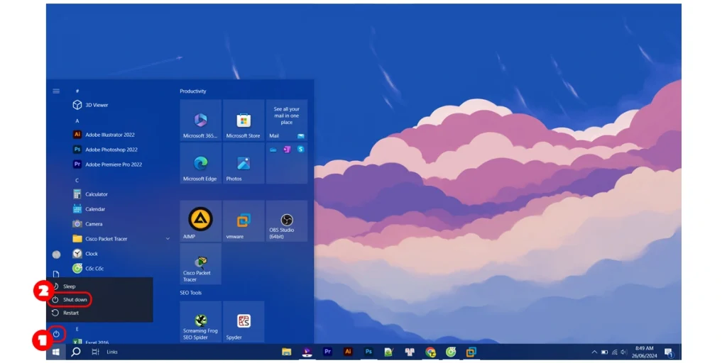 Tắt máy tính bằng Start menu