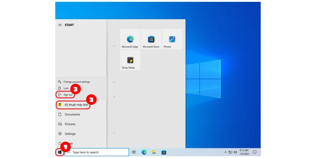 Đăng xuất tài khoản Microsoft trên Win 10 bằng Start menu