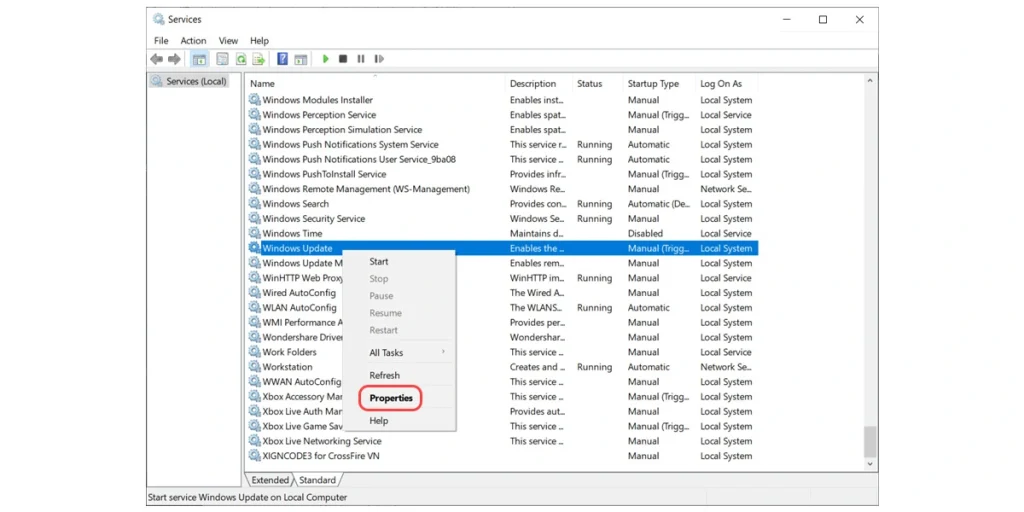 Mở thuộc tính dịch vụ Windows Update