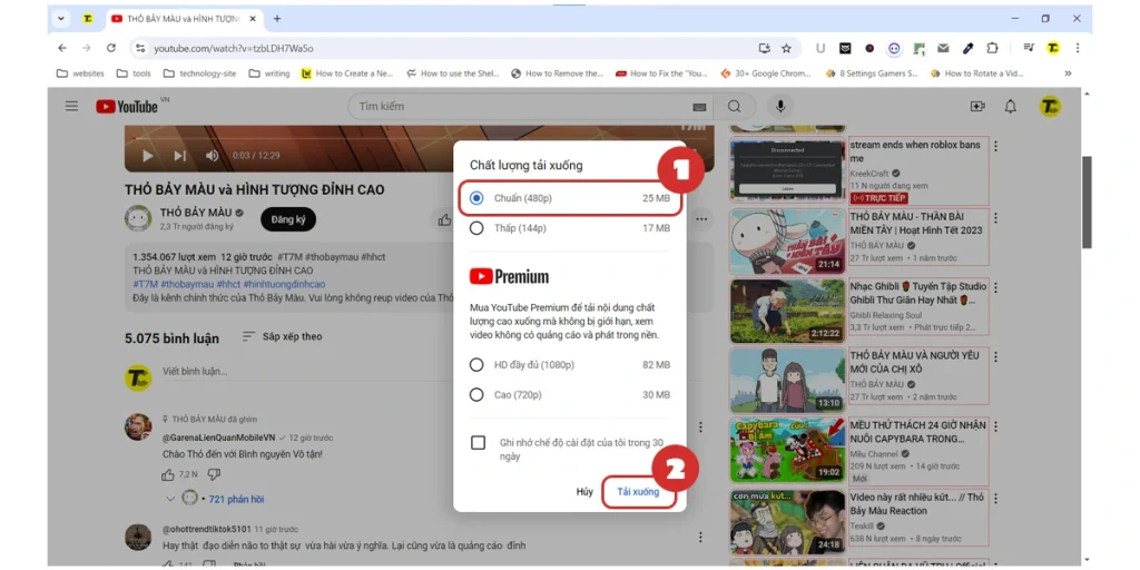 Chọn chất lượng video và tải xuống