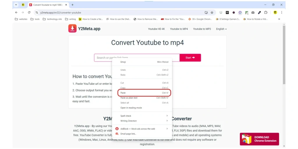 Dán đường dẫn video vào ô nhập liệu của Y2Meta