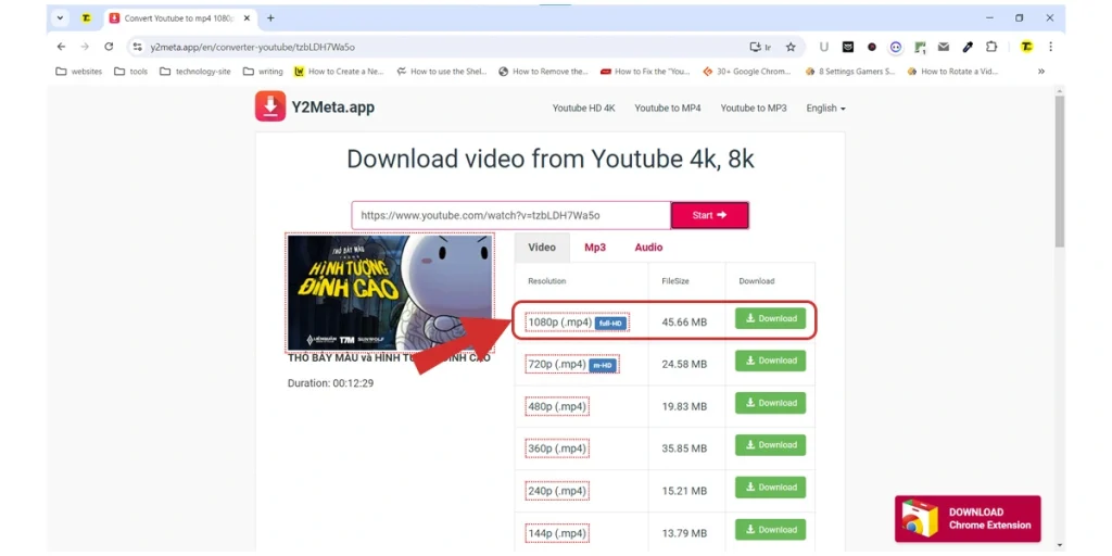 Tải video Youtube từ trang web Y2Meta