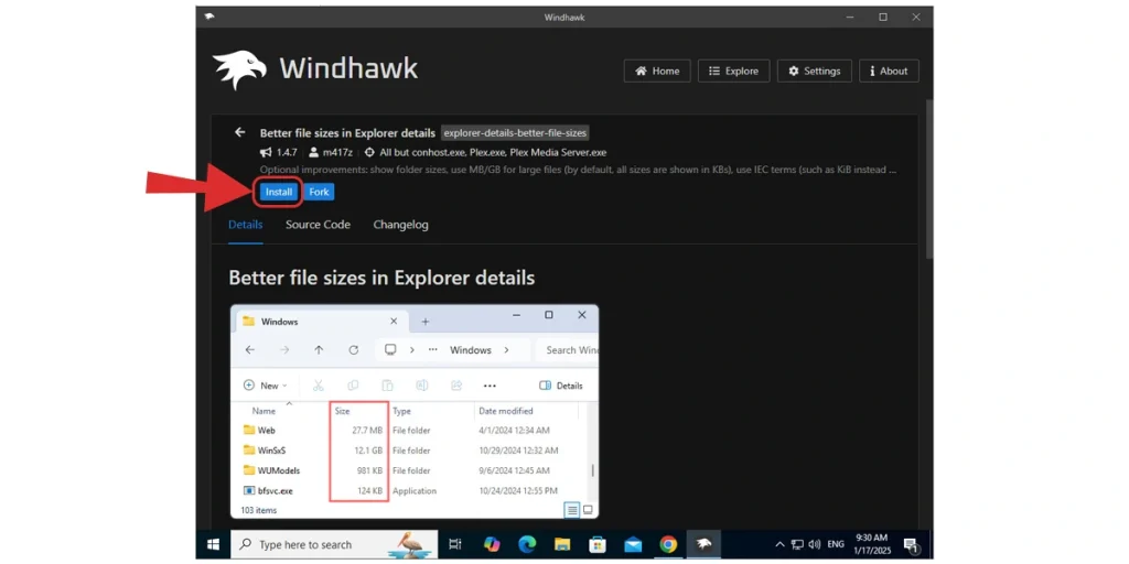 Cài mod hiển thị kích thước thư mục từ Windhawk