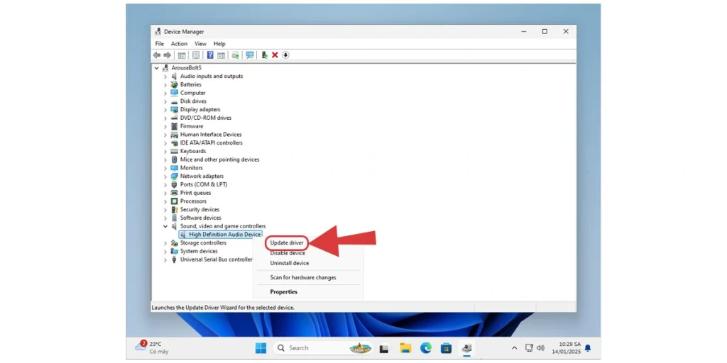 Cập nhật driver âm thanh Win 11 thông qua Device Manager