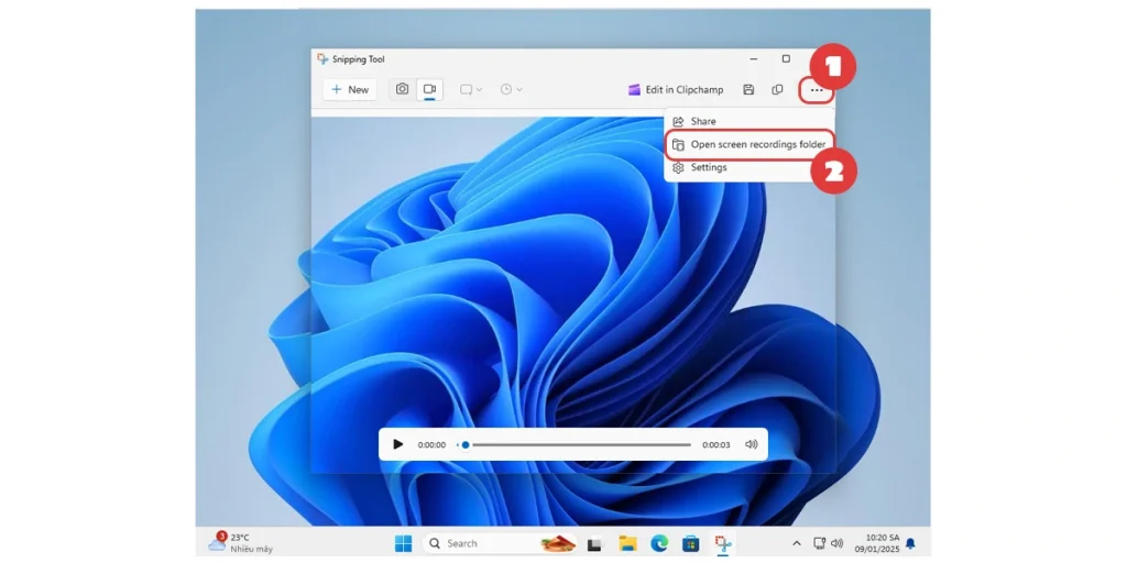 Mở thư mục lưu trữ video quay màn hình bằng Snipping Tool