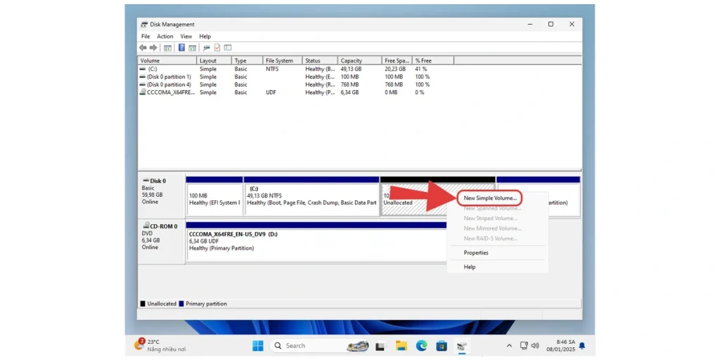 Tạo phân vùng mới trên Win 11