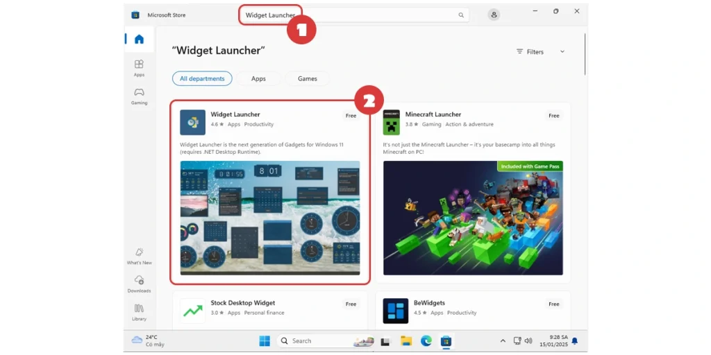 Tìm kiếm ứng dụng Widget Launcher trên Microsoft Store