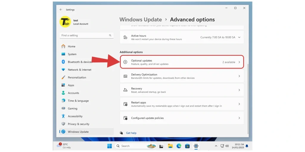 Tùy chọn cập nhật trên Win 11