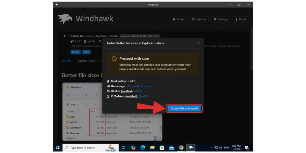 Xác nhận cài đặt mod từ Windhawk